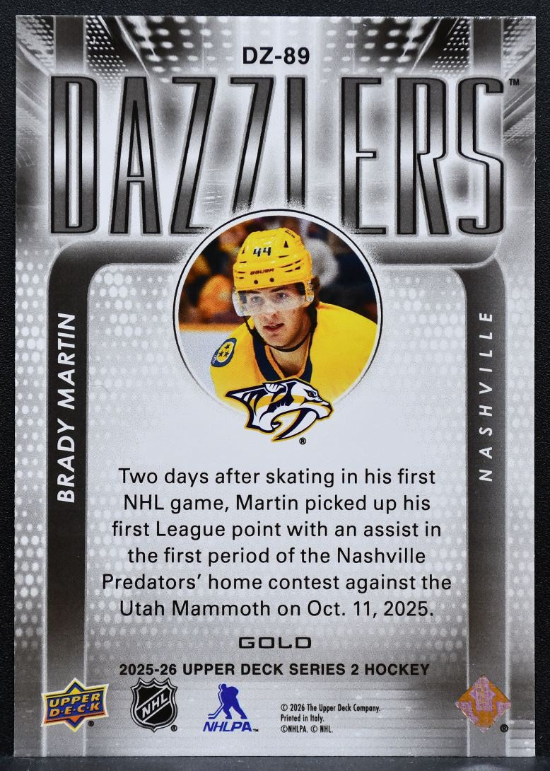 2025-26 Upper Deck Series 2 Dazzlers Gold Brady Martin DZ-89 Predators RC 1990