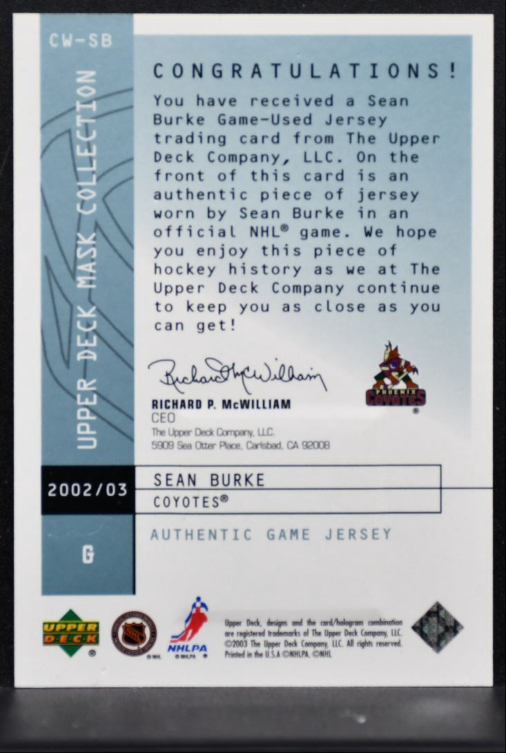 2002-03 UD Mask Collection Career Wins Sean Burke 068/276 Jersey 4374