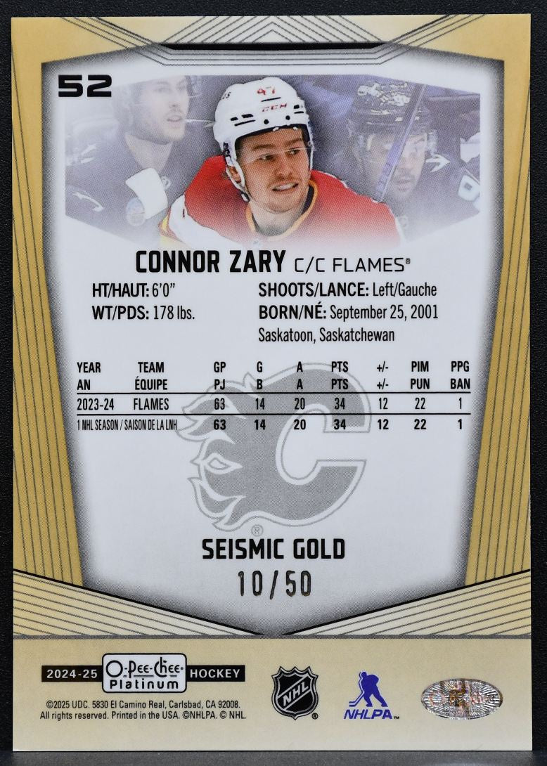 2024-25 O-Pee-Chee Platinum Seismic Gold Connor Zary 52 Flames 10/50 9485