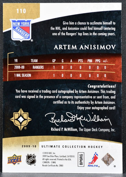 2009-10 UD Ultimate Collection Rookies Auto Artem Anisimov RC Auto 179/299 1977