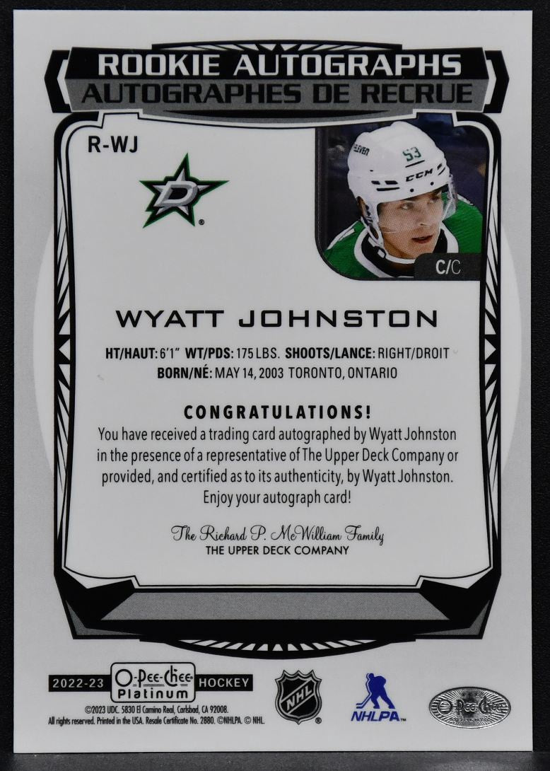 2022-23 O-Pee-Chee Platinum Rookie Autographs Wyatt Johnston R-WJ RC Auto