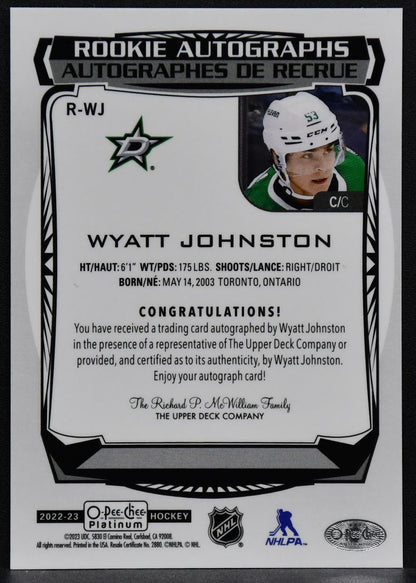 2022-23 O-Pee-Chee Platinum Rookie Autographs Wyatt Johnston R-WJ RC Auto