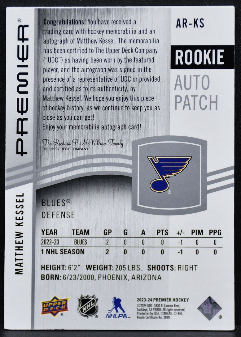 2023-24 UD Premier RC Auto Patch Matthew Kessel AR-KS Blues RC /249 3873