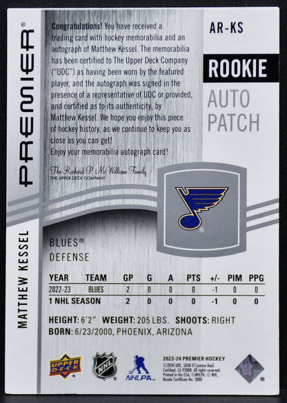 2023-24 UD Premier RC Auto Patch Matthew Kessel AR-KS Blues RC /249 3873