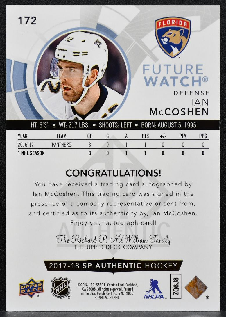 2017-18 SP Authentic Future Watch Auto Ian McCoshen Panthers RC Auto 8146
