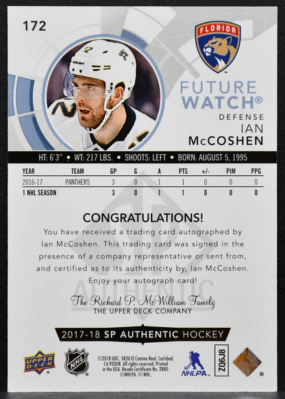 2017-18 SP Authentic Future Watch Auto Ian McCoshen Panthers RC Auto 8146
