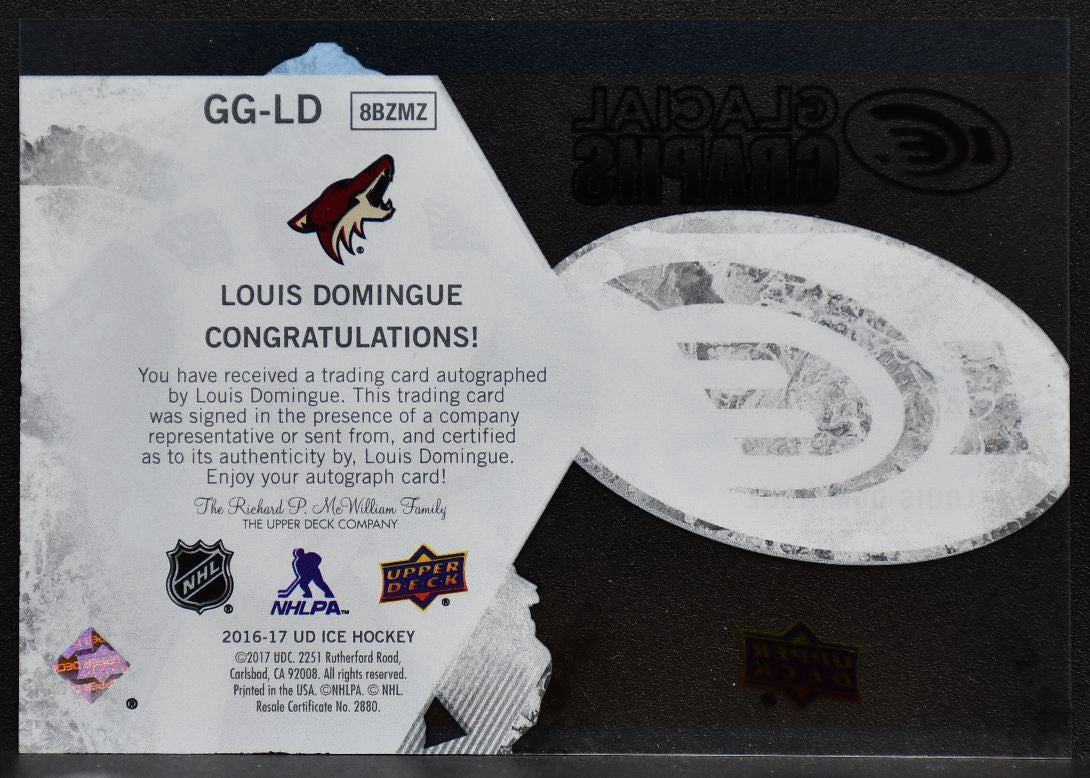 2016-17 Upper Deck ICE Glacial Graphs Louis Domingue GG-LD Coyotes Auto 7242