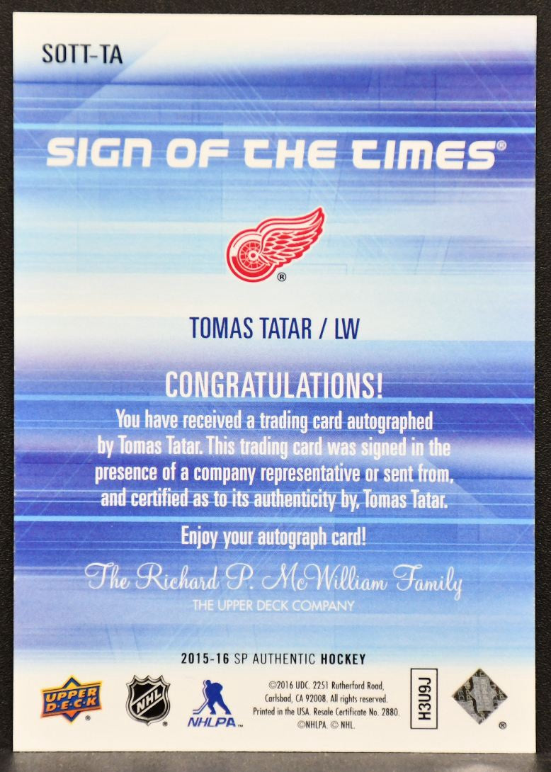 2015-16 SP Authentic Sign of the Times Tomas Tatar SOTT-TA Auto 3726