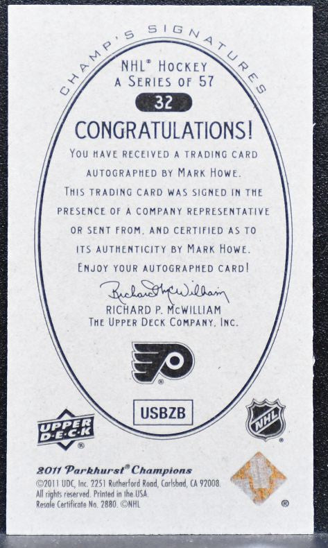 2011-12 Upper Deck Champ's Signatures Mark Howe 32 Philadelphia Flyers Auto 6617