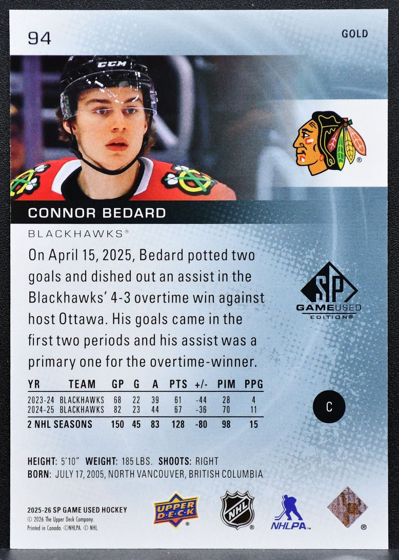 2025-26 SP Game Used Gold Connor Bedard 94 Chicago Blackhawks 019/149 7996