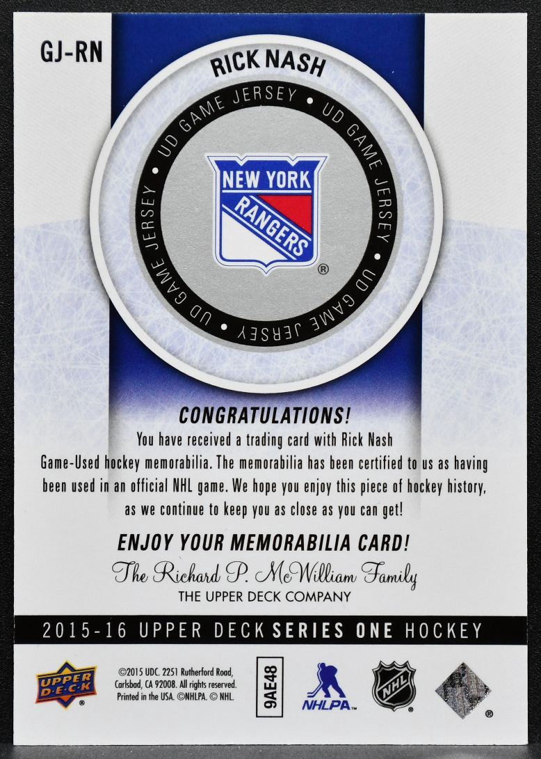 2015-16 Upper Deck Series 1 Game Jersey Rick Nash GJ-RN Rangers Jersey 4121