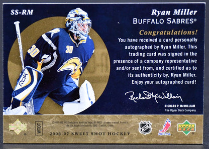 2007-08 UD Sweet Shot Signature Saves Ryan Miller SS-RM Auto