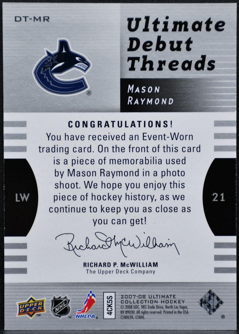 2007-08 UD Ultimate Collection Debut Threads Jerseys Raymond RC /200 Jersey 0849