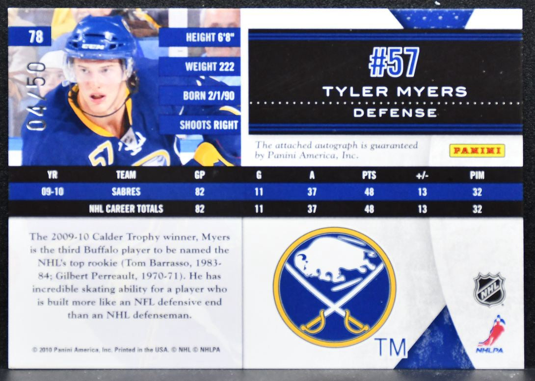 2010-11 Panini Limited Monikers Gold Tyler Myers Buffalo Sabres Auto 04/50 3975