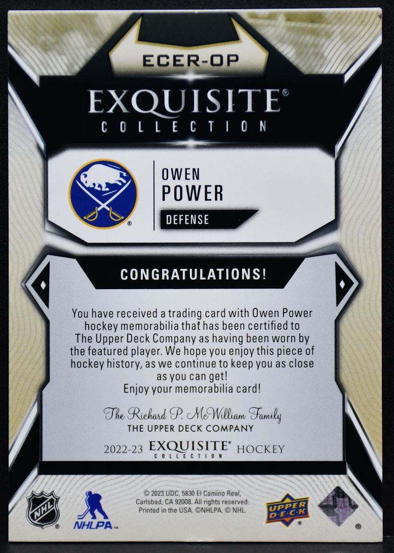 2022-23 UD Black Diamond Owen Power ECER-OP Buffalo Sabres RC 20/49 Patch