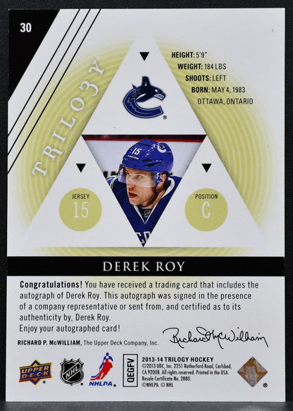 2013-14 Upper Deck Trilogy Auto Derek Roy 30 Buffalo Sabres Auto 0668