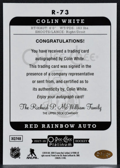 2017-18 OPC Platinum Marquee Rookie Red Rainbow Auto Colin White RC Auto 2684