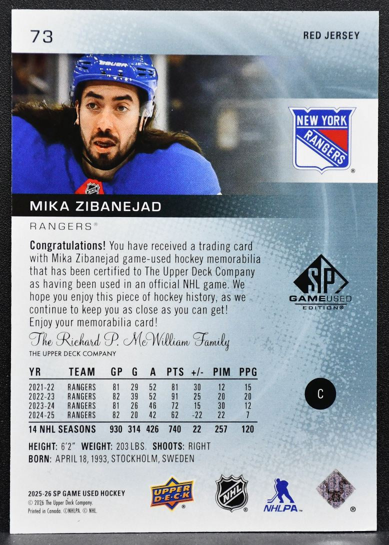 2025-26 SP Game Used Red Jersey Mika Zibanejad 73 New York Rangers Jersey 6767