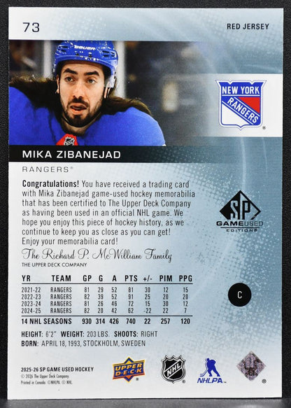 2025-26 SP Game Used Red Jersey Mika Zibanejad 73 New York Rangers Jersey 6767