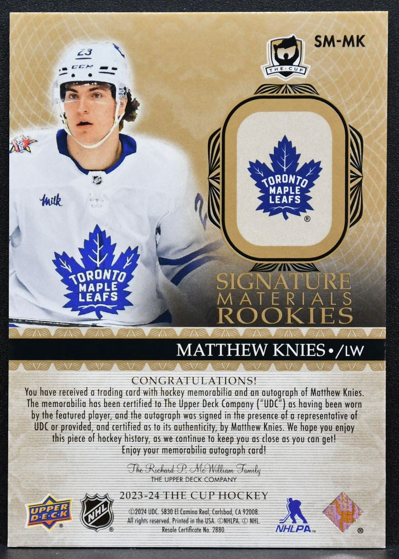 2023-24 UD The Cup Signature Materials Rookies Matthew Knies RC Auto Patch 5770