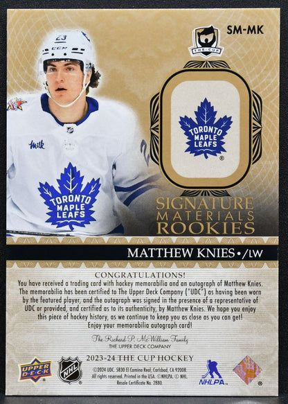 2023-24 UD The Cup Signature Materials Rookies Matthew Knies RC Auto Patch 5770