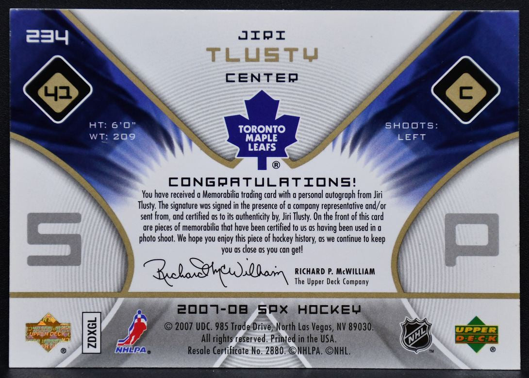 2007-08 SPx RC Jersey Jiri Tlusty 234 Maple Leafs RC Auto 436/499 Jersey 0256