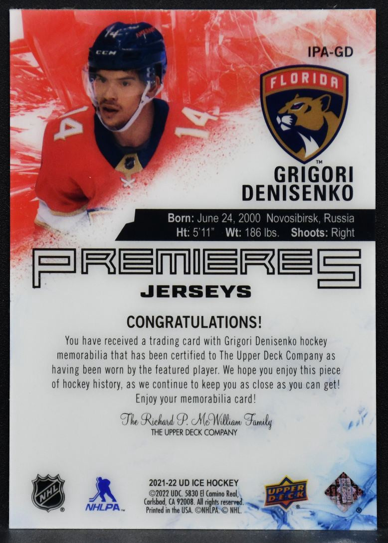 2021-22 UD Ice Premieres Jersey Grigori Denisenko IPA-GD RC Jersey