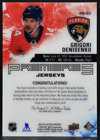 2021-22 UD Ice Premieres Jersey Grigori Denisenko IPA-GD RC Jersey