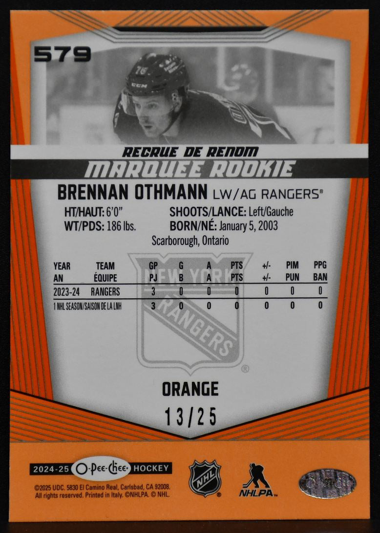 24-25 OPC Marquee RC Orange Border Brennan Othmann 579 New York Rangers RC 13/25 3827