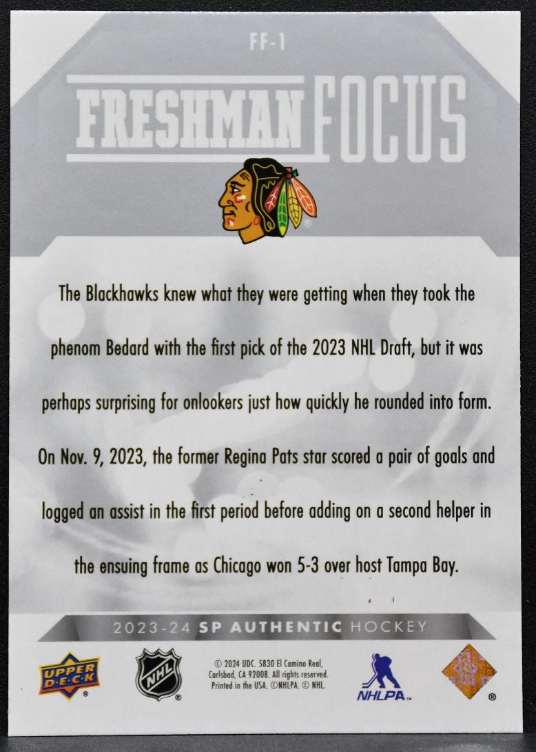 2023-24 SP Authentic Freshman Focus Connor Bedard FF-1 Blackhawks RC 5589