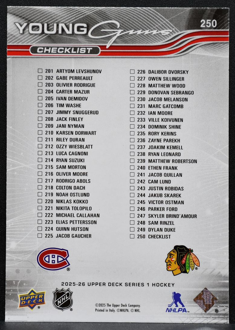 2025-26 UD Series 1 Young Guns Checklist Demidov / Levshunov RC 2737