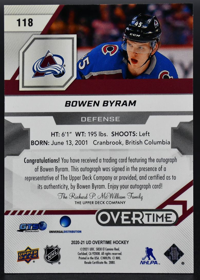 Carte autographiée Byram 118 Colorado Avalanche RC 2020-21 UD Overtime Gold Foil