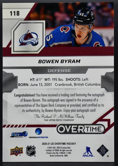 2020-21 UD Overtime Gold Foil Autographs Byram 118 Colorado Avalanche RC Auto