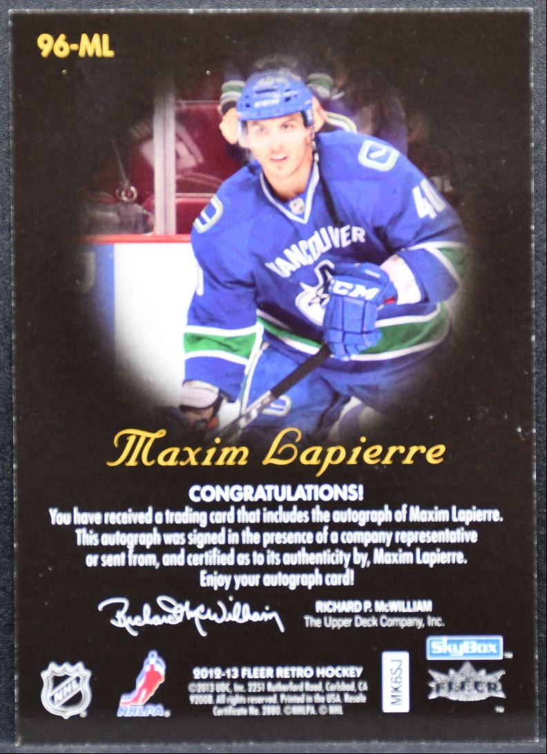 2012-13 Fleer Retro 1996-97 Skybox Autographics Maxim Lapierre Canucks Auto 0796
