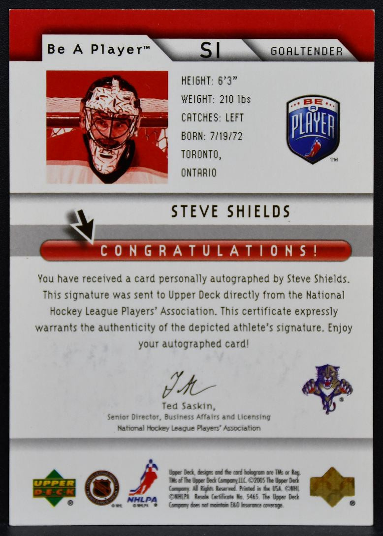 2005-06 Upper Deck Be a Player Signatures Steve Shields SI Panthers Auto 9123
