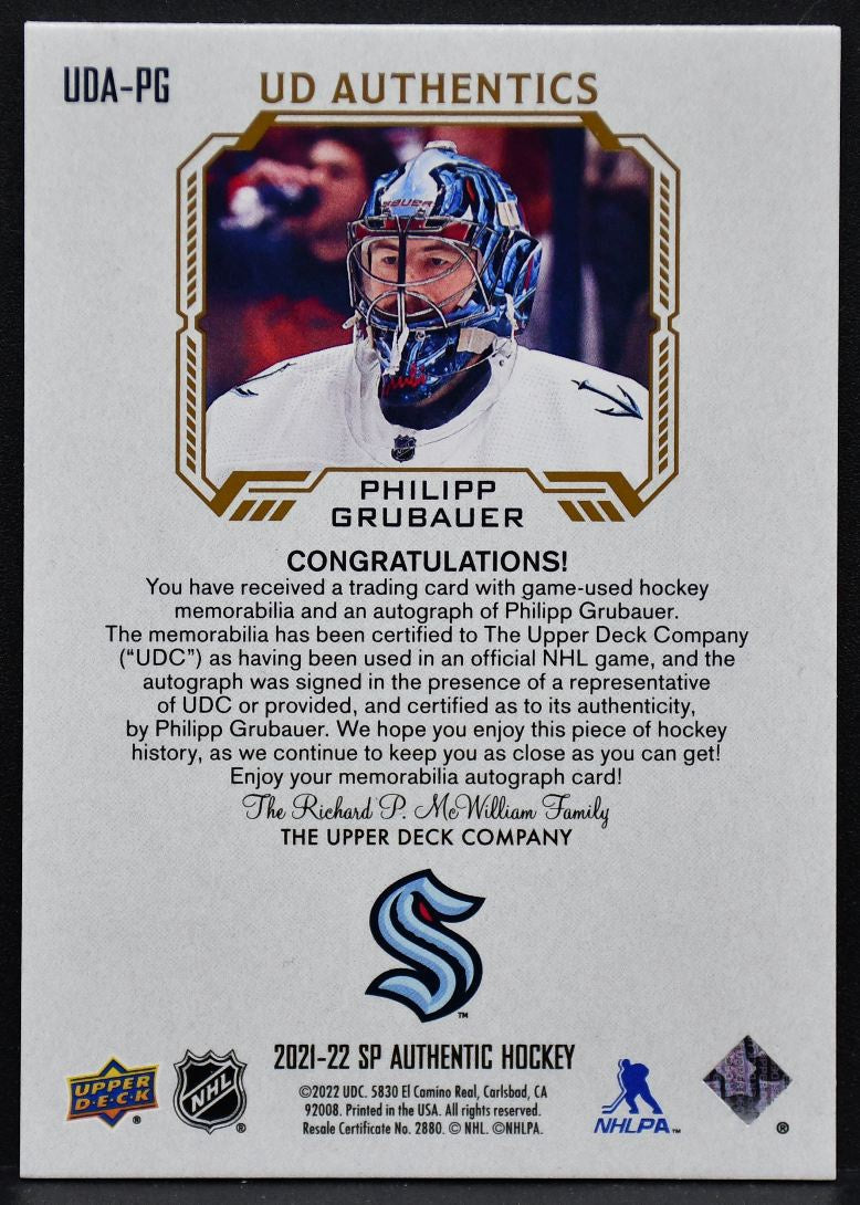 21-22 SP Authentic UD Authentics Autographed Patch Grubauer Kraken /49 Patch 5037