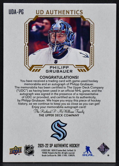21-22 SP Authentic UD Authentics Autographed Patch Grubauer Kraken /49 Patch 5037
