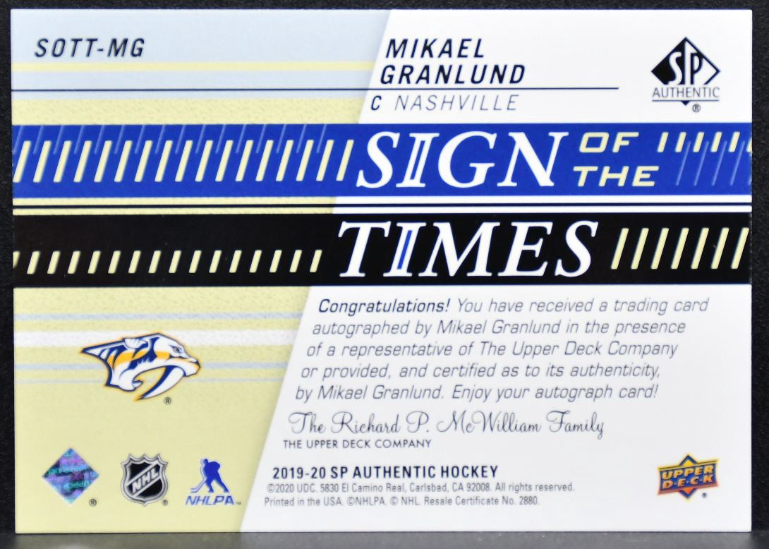 2019-20 SP Authentic Sign of the Times Mikael Granlund Predators Auto 3029