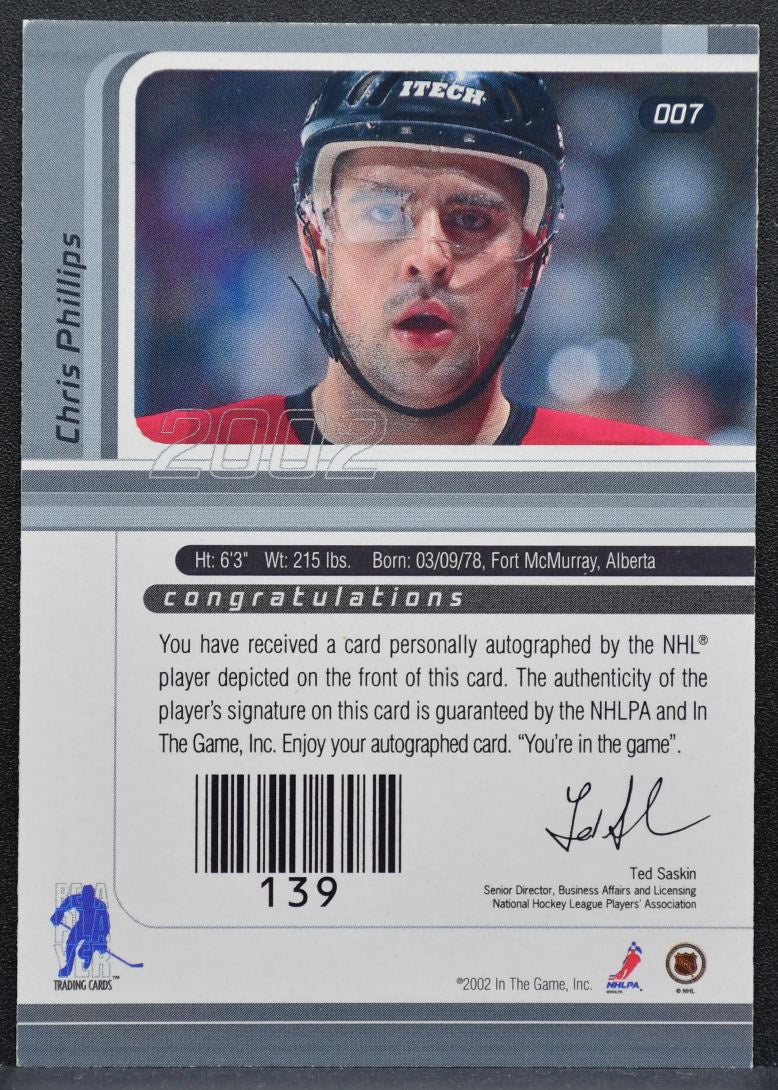 2001-02 Be a Player Signature Series Gold Chris Phillips Senators Auto 2287