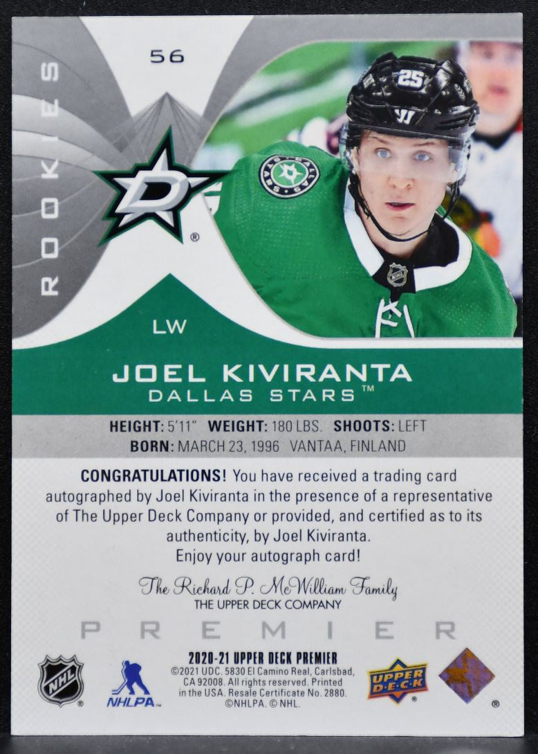 2020-21 Upper Deck Premier Rookies Auto Joel Kiviranta Dallas Stars RC Auto 6358