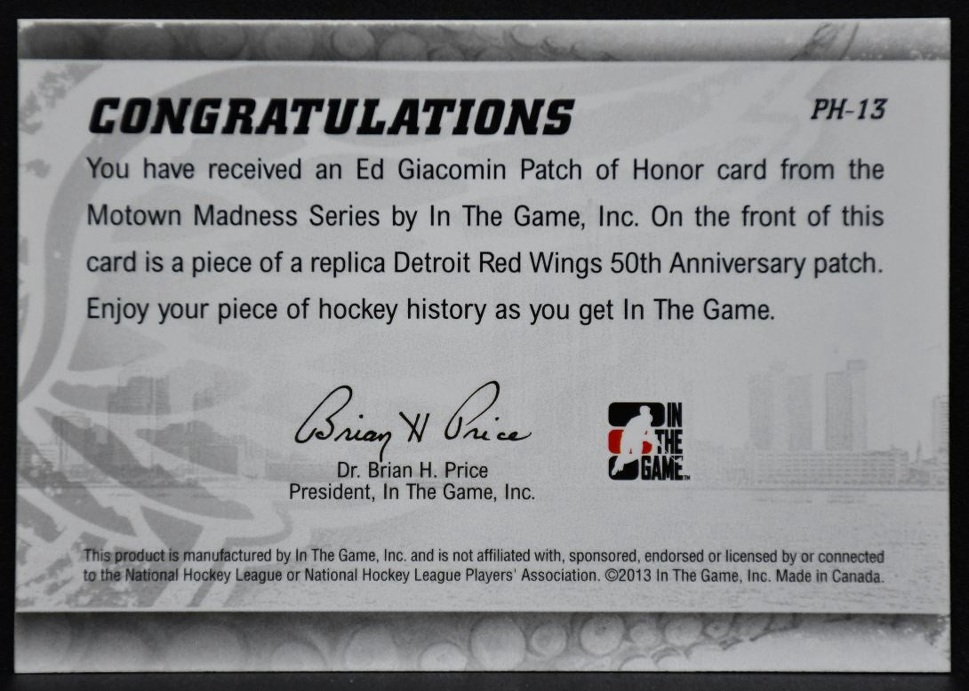 2012-13 In The Game Motown Madness Patch of Honor Ad Giacomin Red Wings Patch 4299