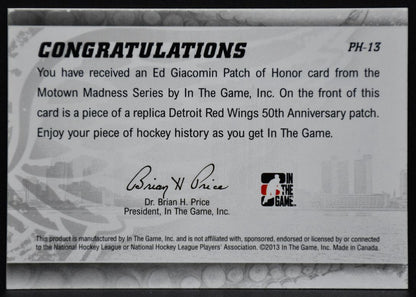 2012-13 In The Game Motown Madness Patch of Honor Ad Giacomin Red Wings Patch 4299