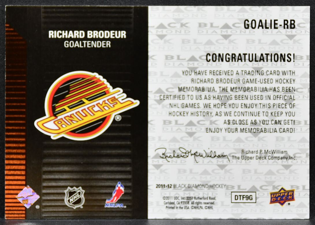 2011-12 UD Black Diamond Dual Jerseys Richard Brodeur Canucks Jersey 3165