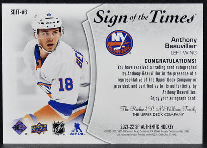 2021-22 SP Authentic Sign of the Times Anthony Beauvillier SOTT-AB Auto 9705