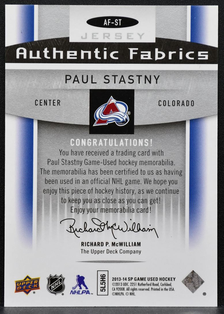 2013-14 SP Game Used Authentic Fabrics Paul Stastny AF-ST Avalanche Jersey 3995