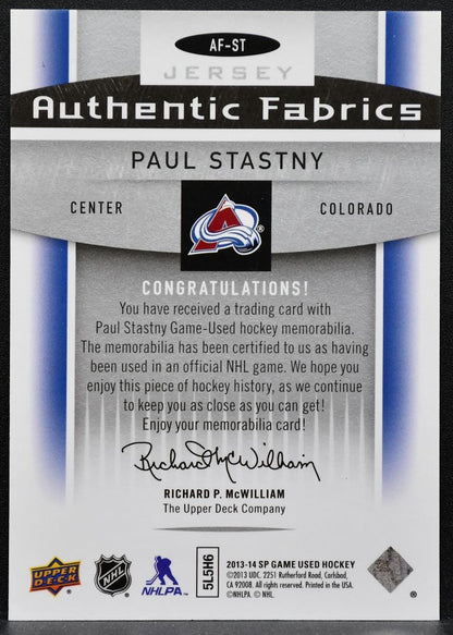2013-14 SP Game Used Authentic Fabrics Paul Stastny AF-ST Avalanche Jersey 3995