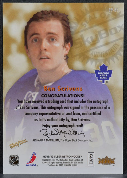 2012-13 Fleer Retro Autographics 1999 Ben Scrivens 99-BS Maple Leafs Auto 1766