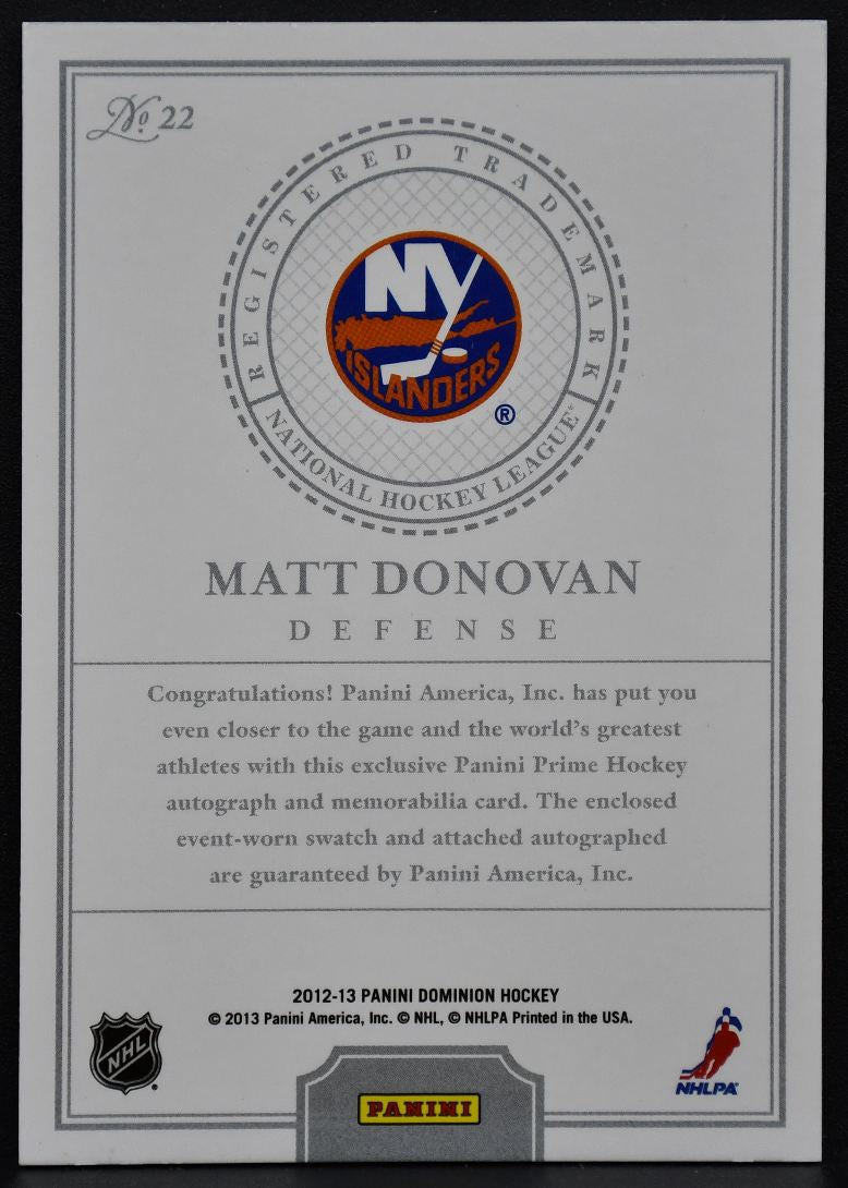 2012-13 Panini Dominion Jersey Matt Donovan 22 Islanders Auto 09/60 Jersey 0515