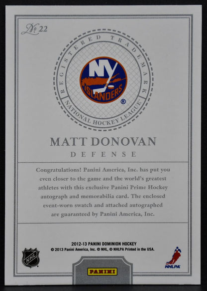 2012-13 Panini Dominion Jersey Matt Donovan 22 Islanders Auto 09/60 Jersey 0515