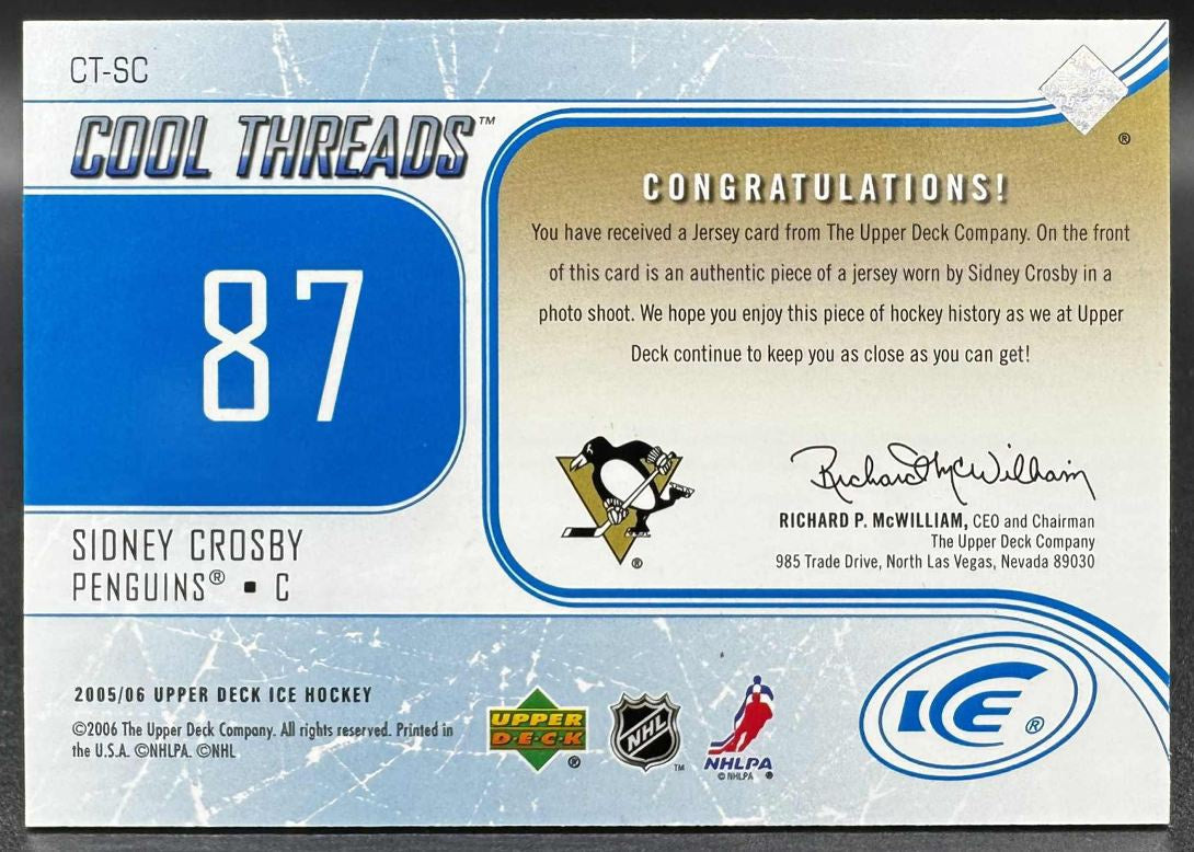 2005-06 UD Ice Cool Threads Sidney Crosby Pittsburgh Penguins Jersey